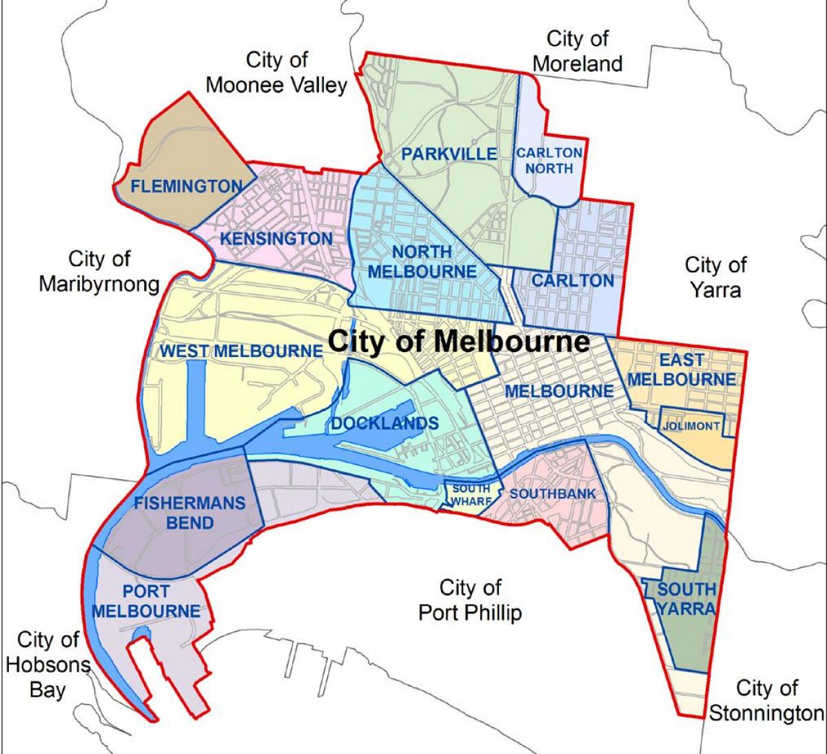 Karte von Melbourne und die umliegenden Vororte